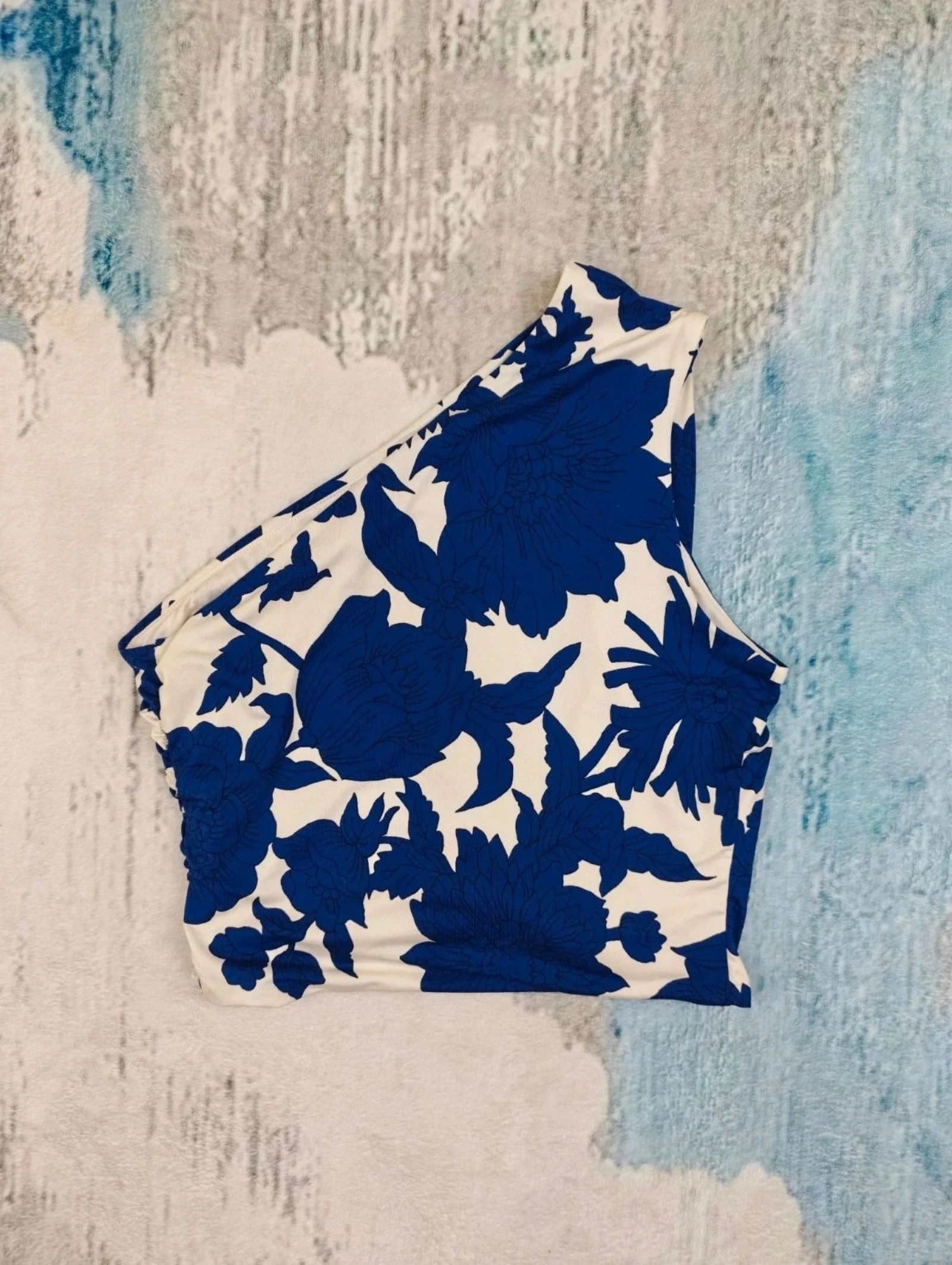 H&M One Shoulder Floral Crop Top Bleu Blanc Taille M – photo 7